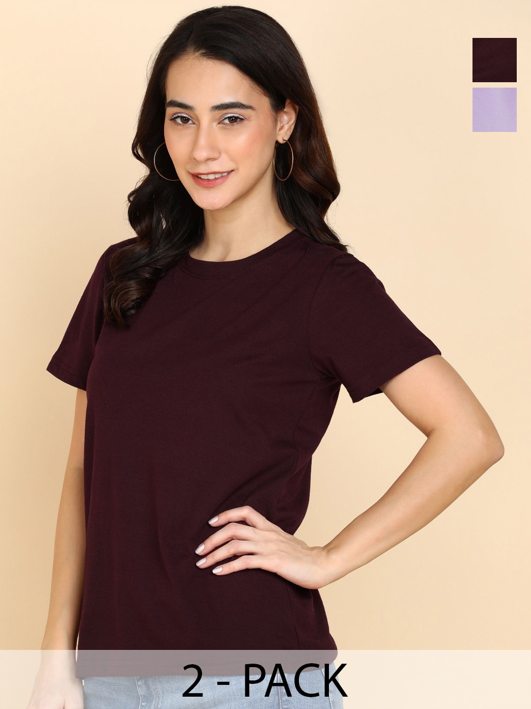 

Adyavastram Women Pack of 2 Solid Round Neck Cotton T-shirts, Maroon