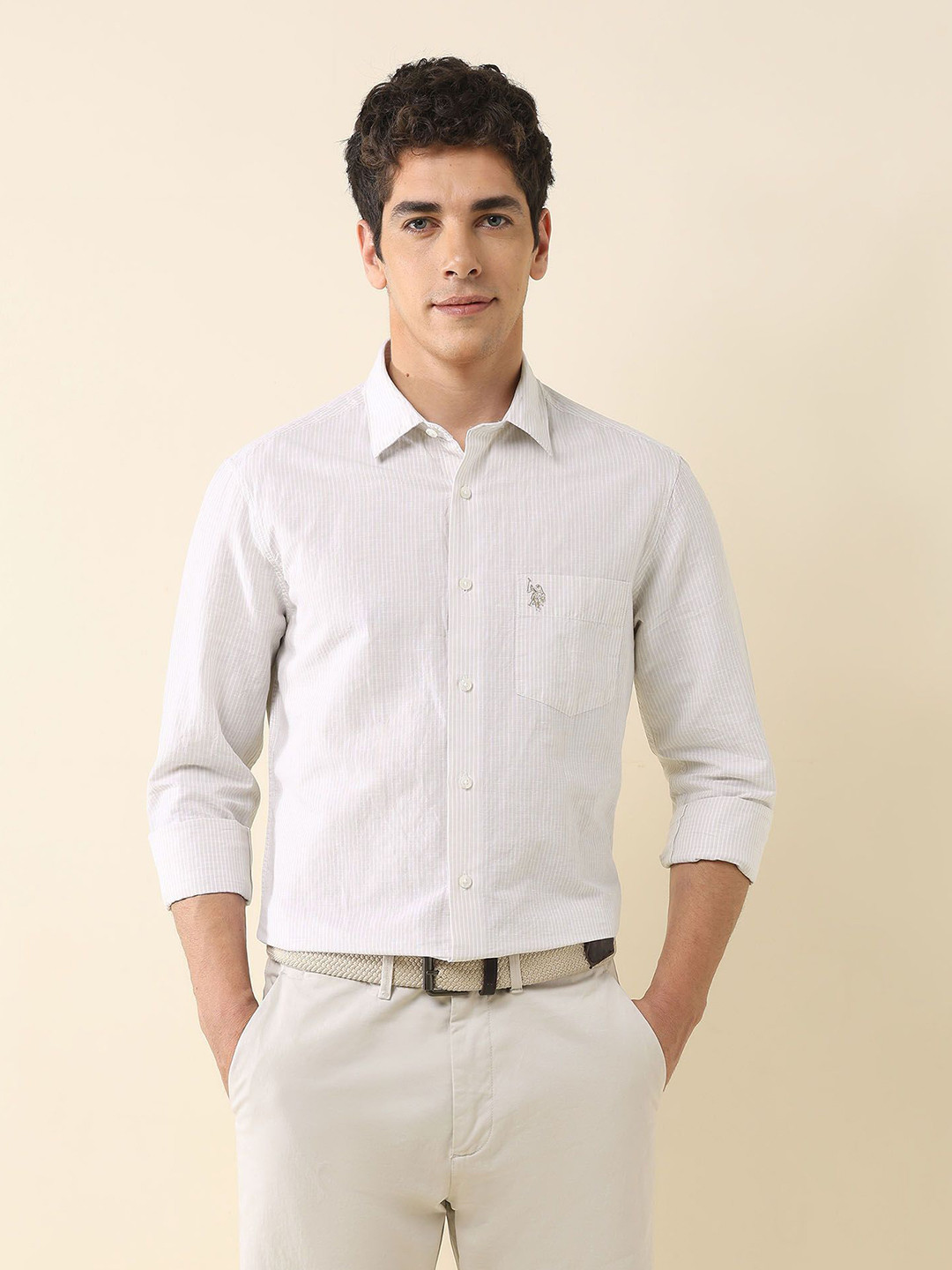 

U.S. Polo Assn. Men Classic Tailored Fit Vertical Striped Cotton Casual Shirt, Beige