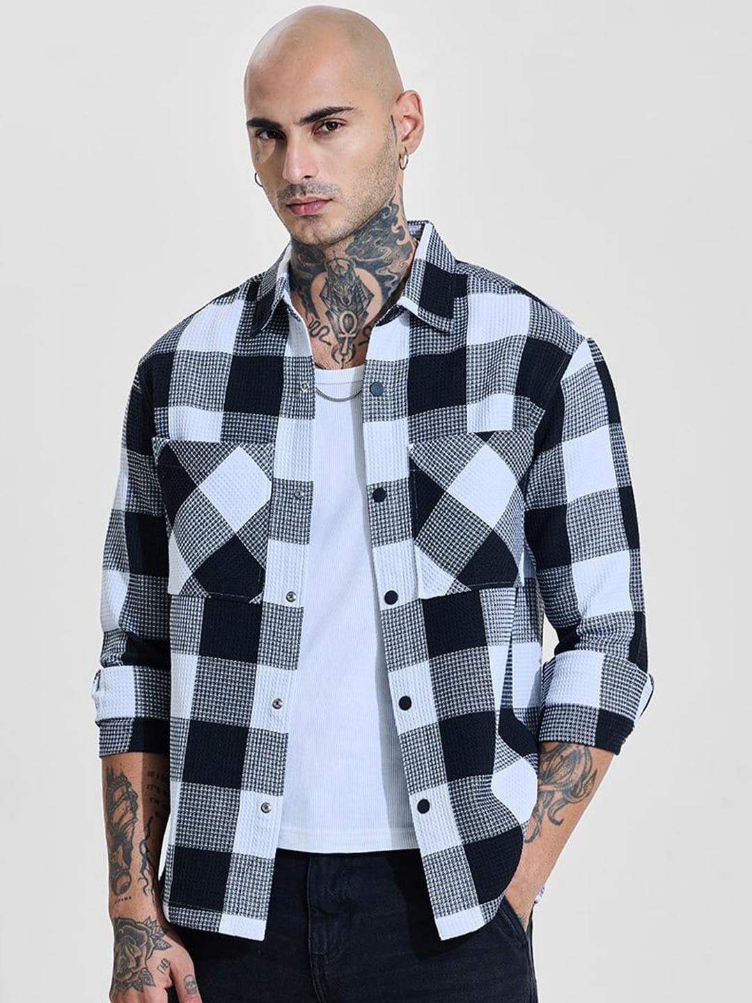 

Snitch Men Relaxed Fit Spread Collar Buffalo Checked Casual Shirt, Black