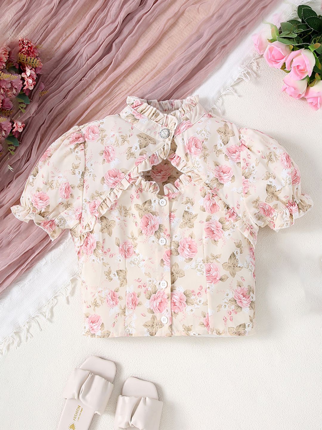 

INCLUD Girls Floral Print Mandarin Collar Puff Sleeve Top, Cream