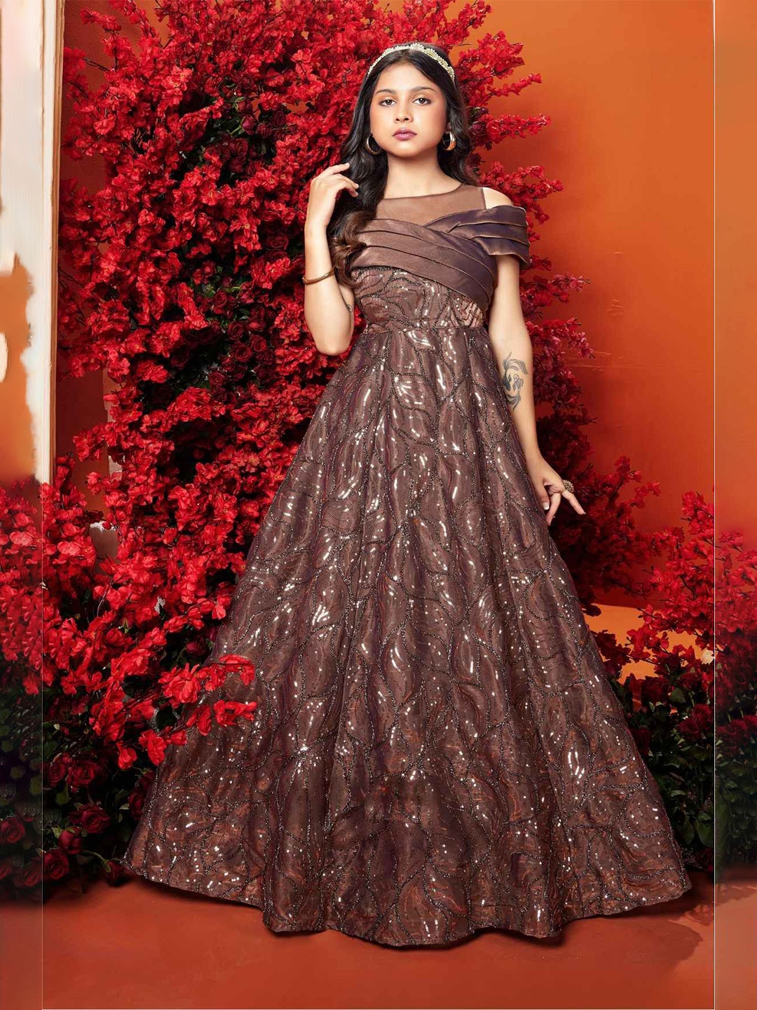 

Lagorii Luxe Girls Embellished Net Maxi Dress, Copper