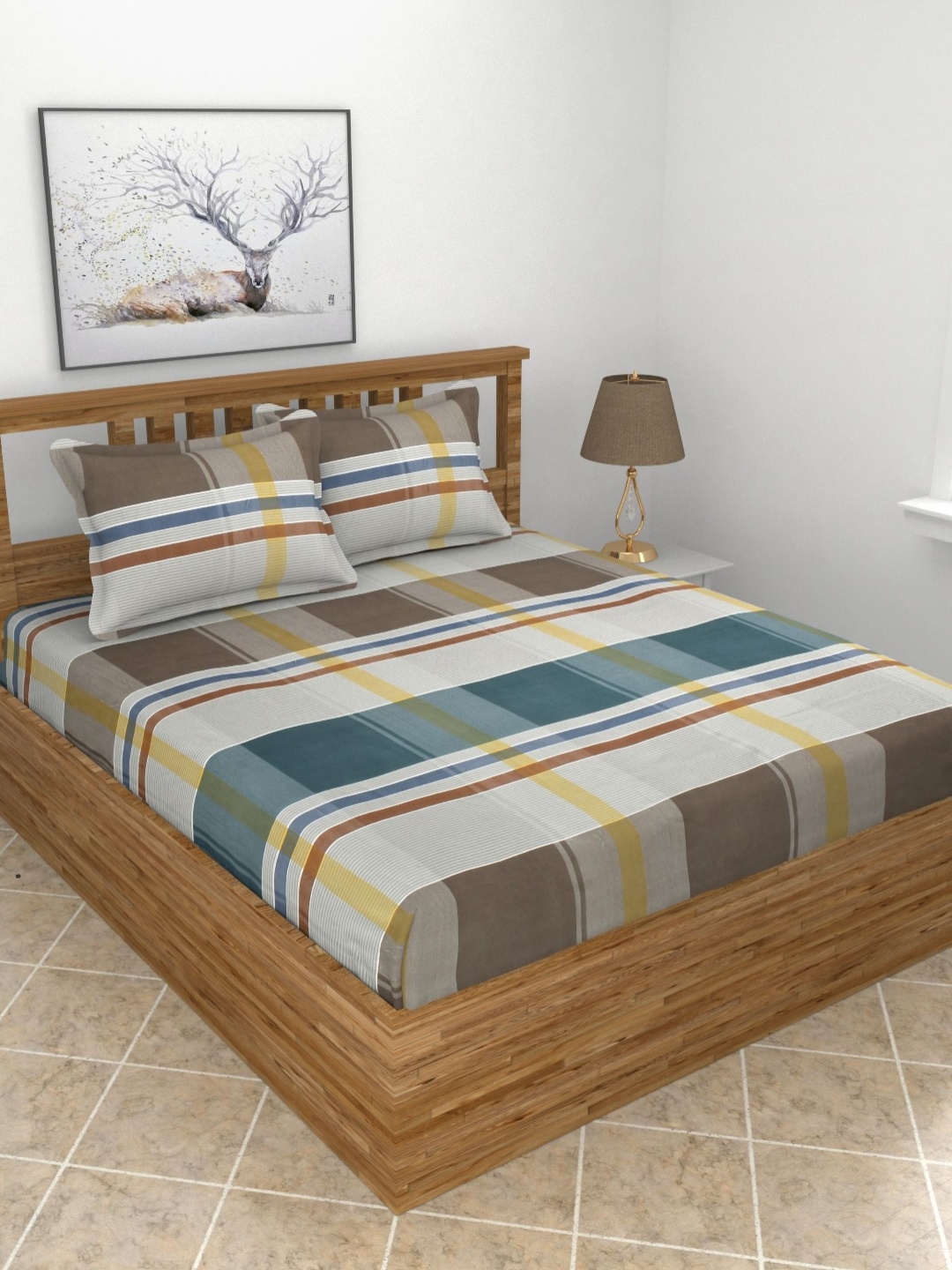 

BREVARD White & Brown Geometric Printed 210 TC Cotton King Bedsheet Set 2.74m x 2.74m