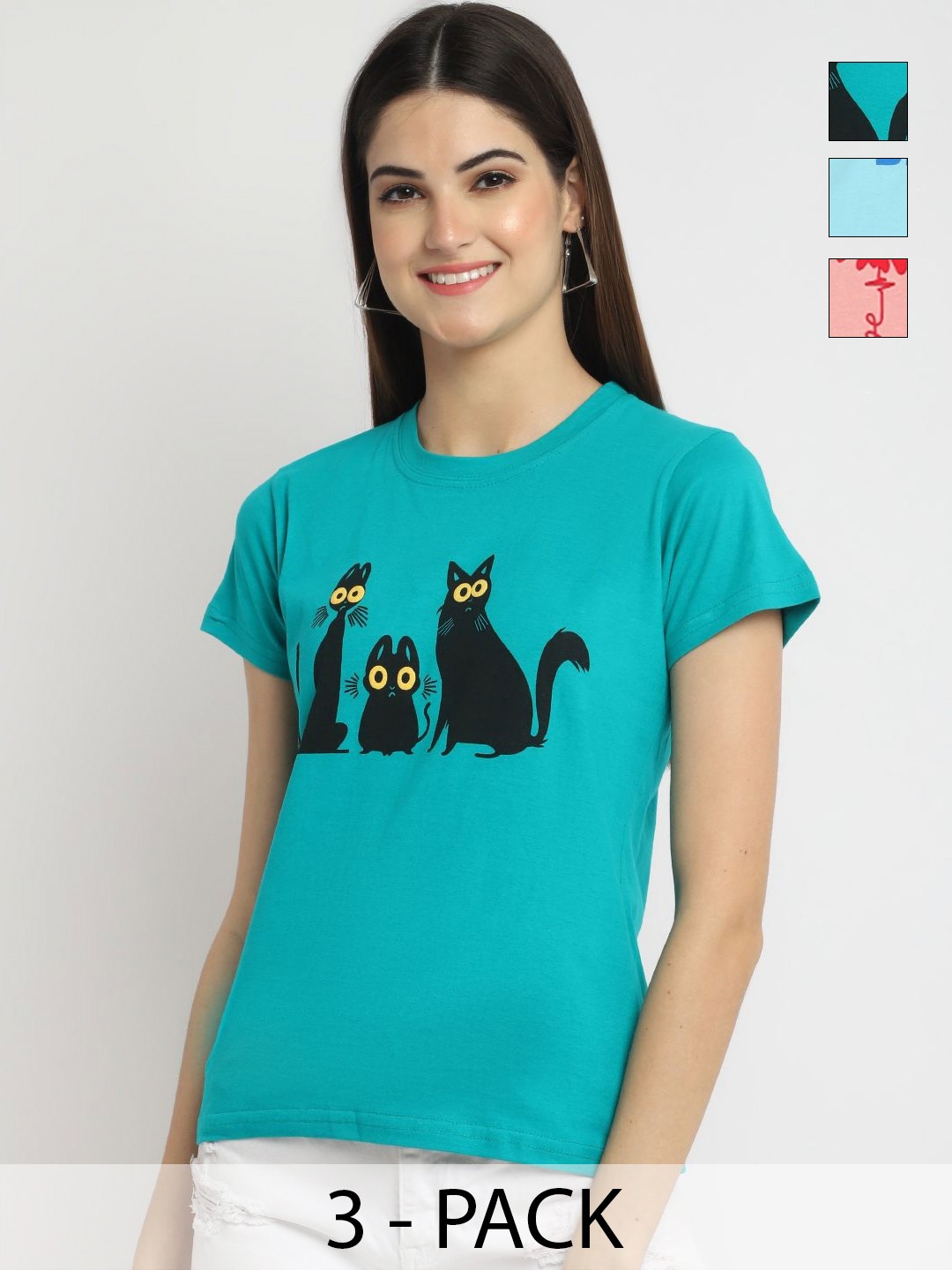 

Dreambe Women Pack of 3 Looney Tunes Graphic Printed Round Neck Cotton T-shirts, Teal