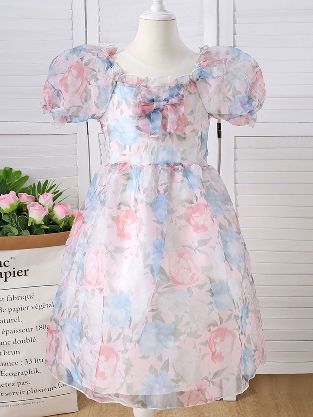 

INCLUD Girls Floral Print Puff Sleeve Bow Fit & Flare Dress, White