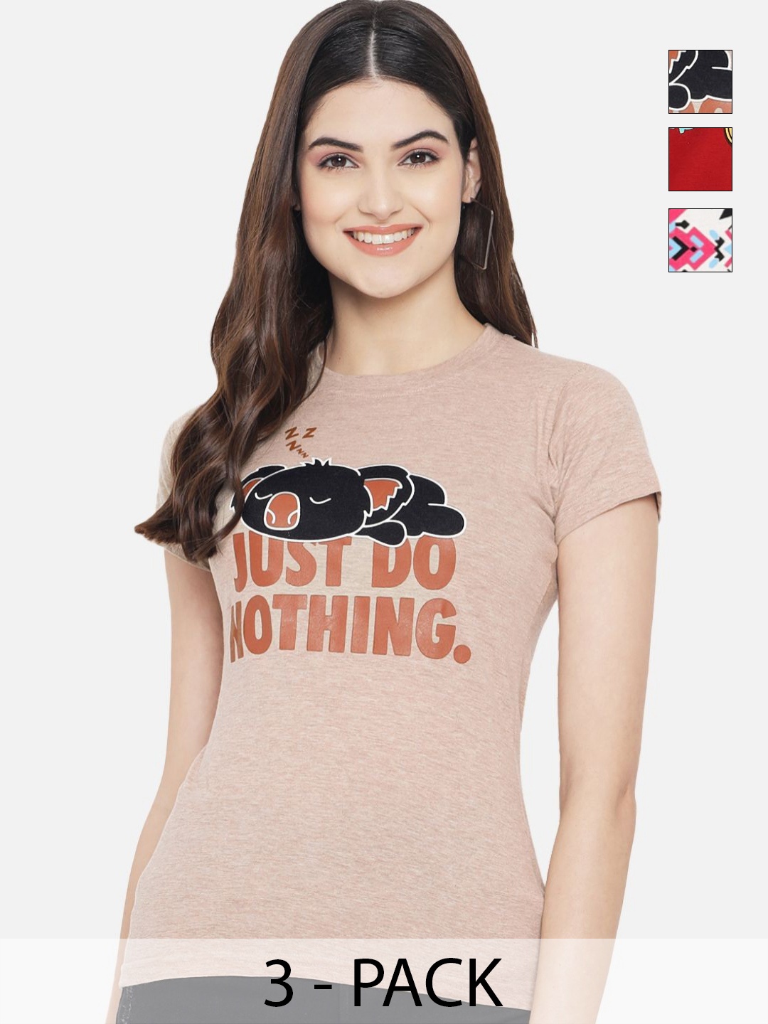 

Dreambe Women Pack of 3 Graphic Printed Round Neck Cotton T-shirts, Beige
