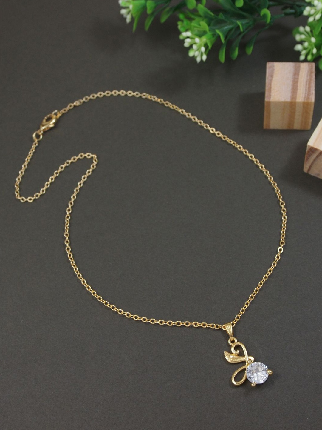 

V FASHION JEWELLERY Gold-Plated American Diamond-Studded Pendant With Chain