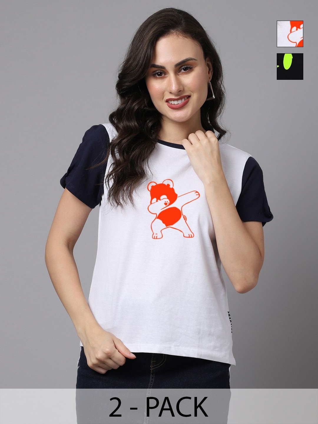 

Friskers Women Pack Of 2 Graphic Printed Round Neck Cotton T-shirts, White