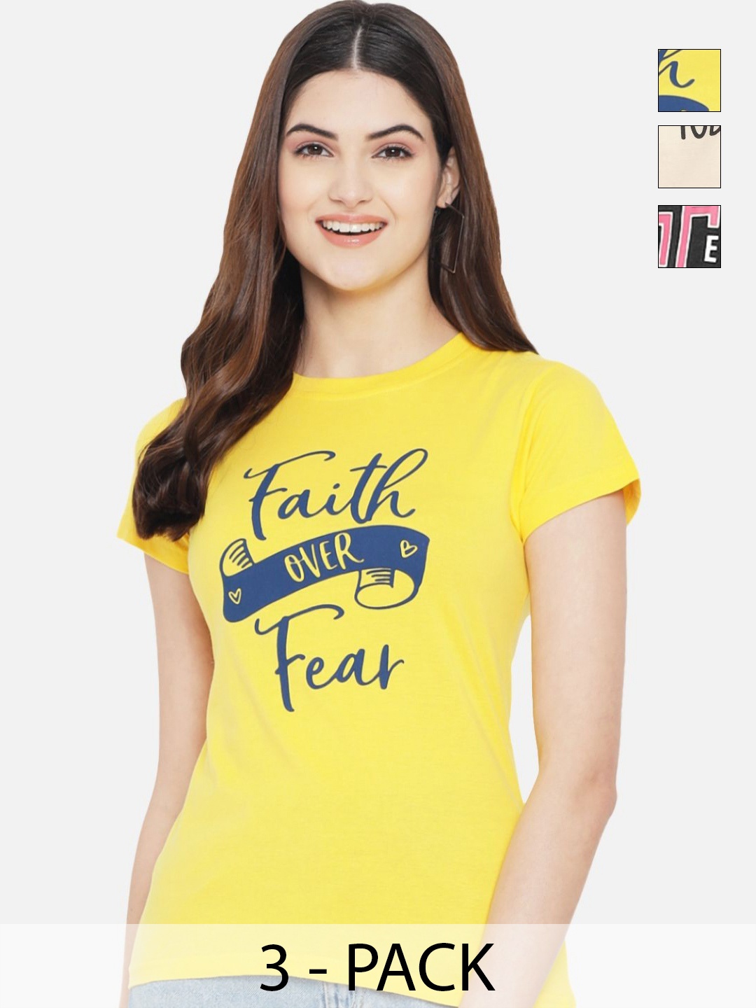 

Dreambe Pack Of 4 Typography Printed Round Neck Cotton T-shirt, Yellow