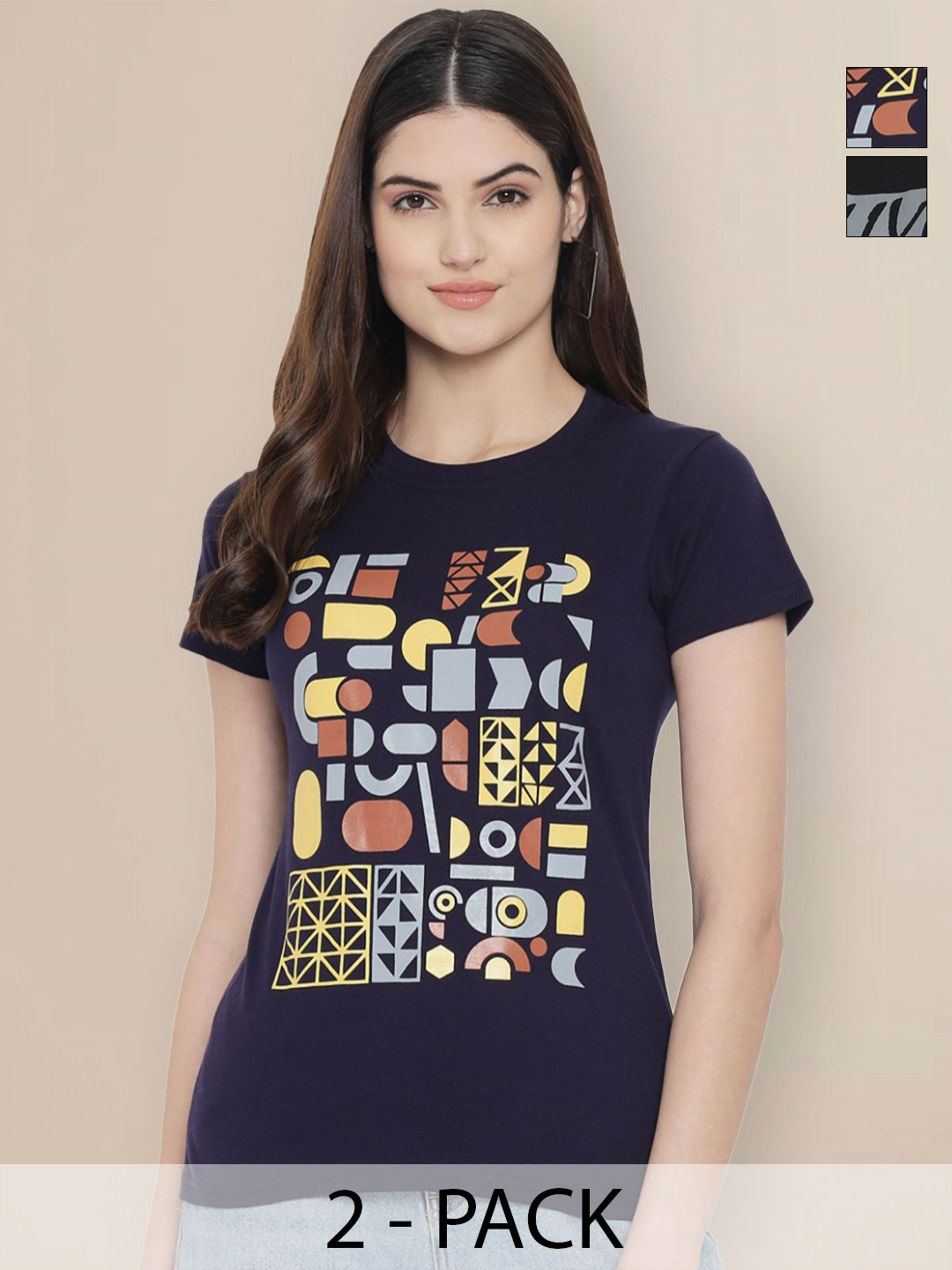 

GLOBAL NOMAD Women Pack of 2 Typography Printed Round Neck Cotton T-shirts, Navy blue