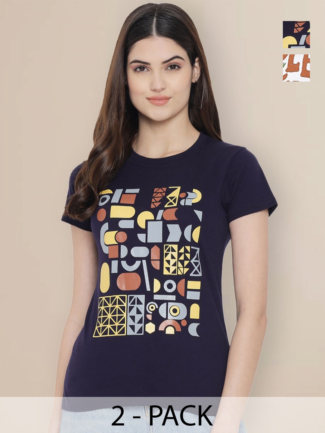 

GLOBAL NOMAD Women Pack of 2 Geometric Printed Round Neck Cotton T-shirts, Navy blue