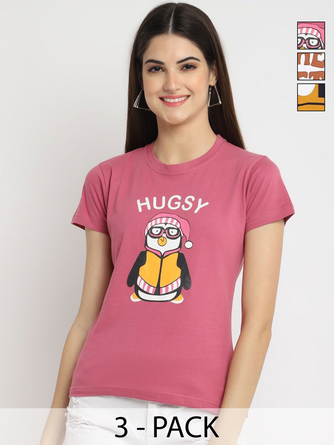 

Dreambe Women Pack of 3 Graphic Printed Round Neck Cotton T-shirts, Mauve