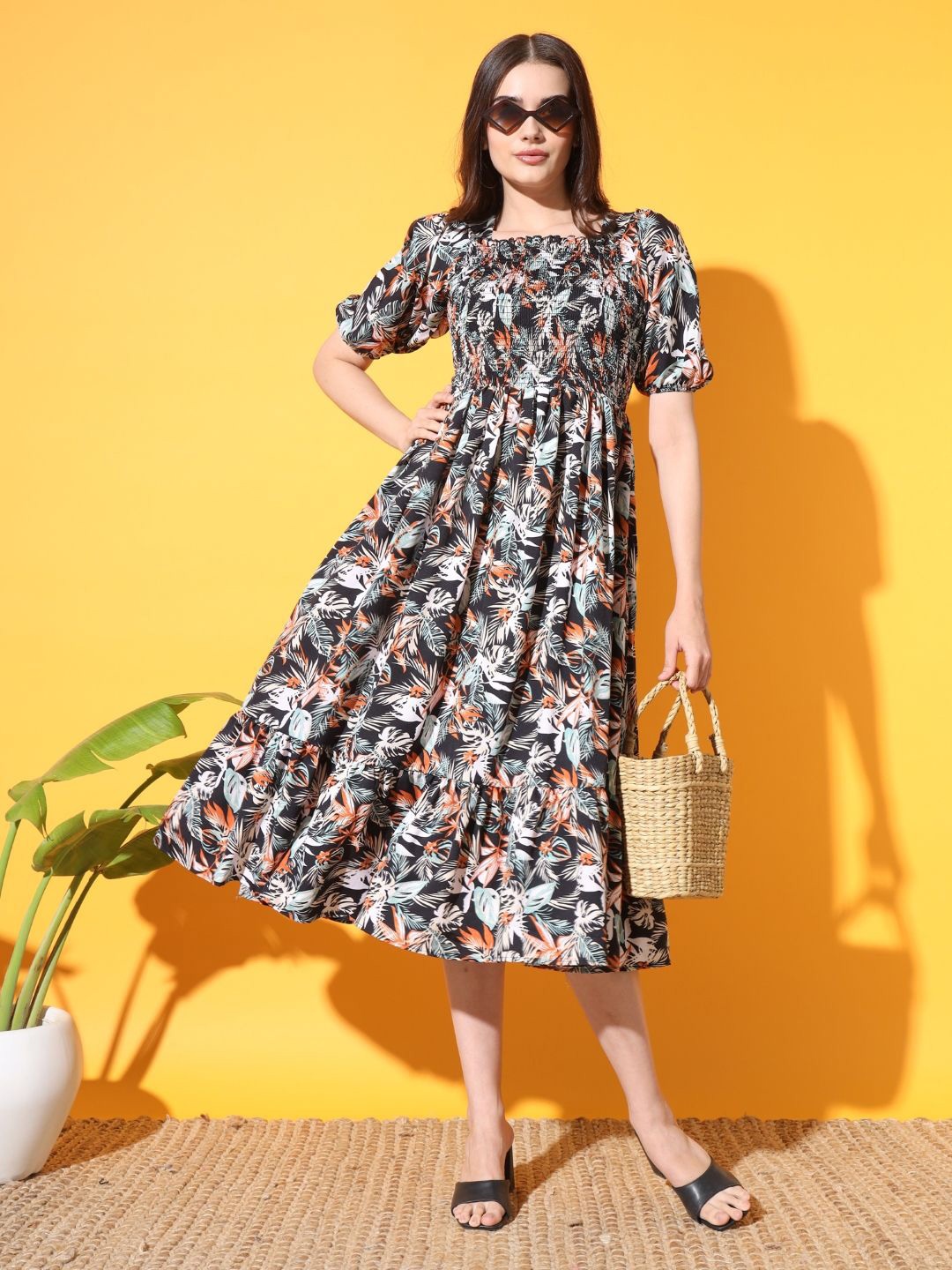 

OTABU Print Puff Sleeve Fit and Flare Midi Dress, Multi