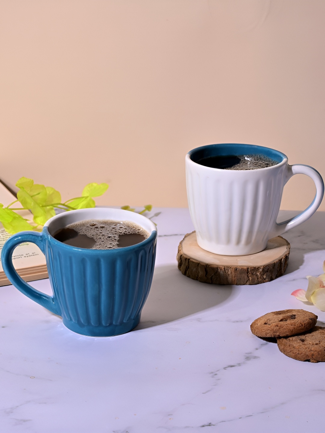 

Storepedia White & Blue 2 Pieces Textured Ceramic Matte Cups 150ml Each