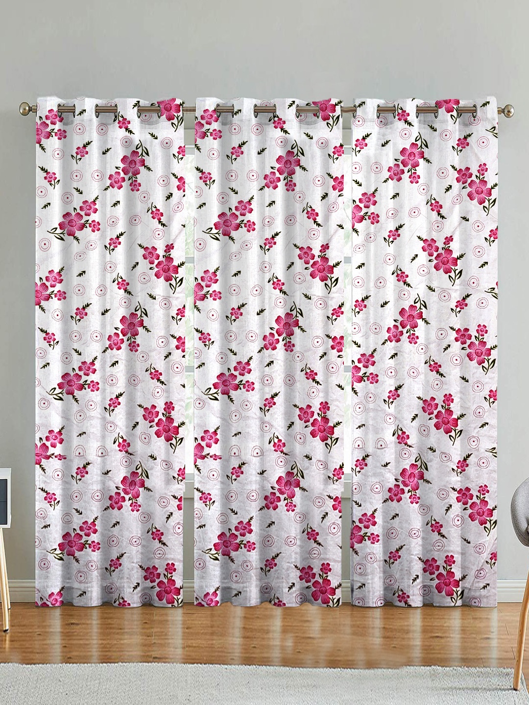 

ANA Pink & White Set of 3 Floral Room Darkening Long Door Curtain
