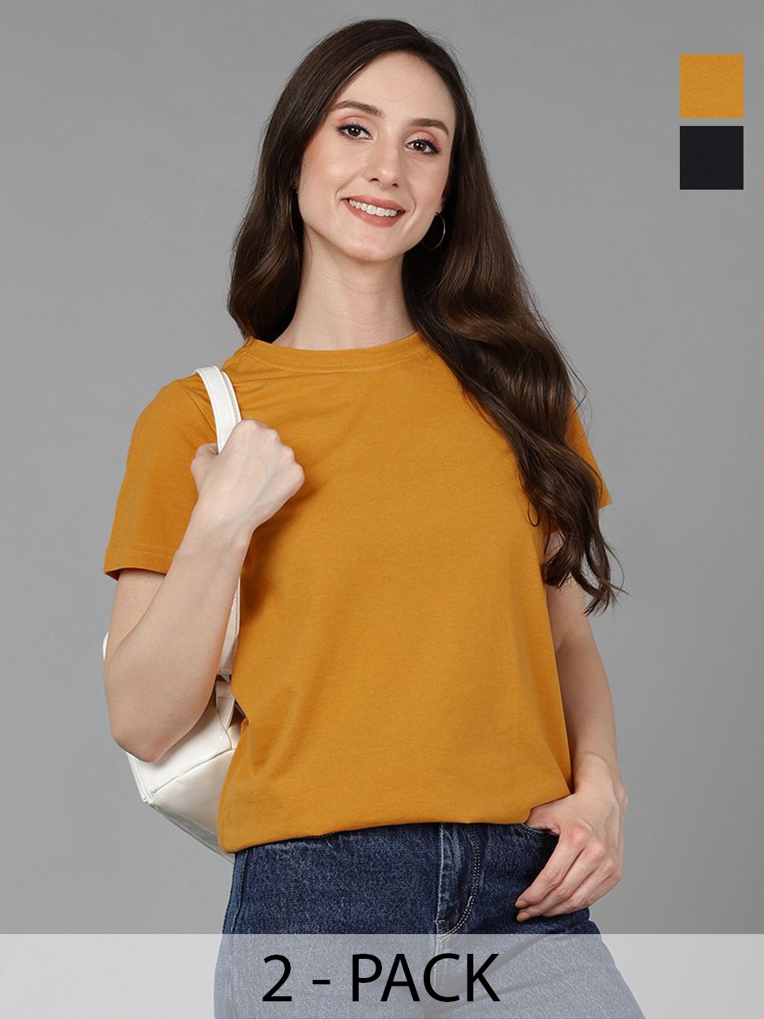 

Adyavastram Women Pack of 2 Solid Round Neck Cotton T-shirts, Mustard