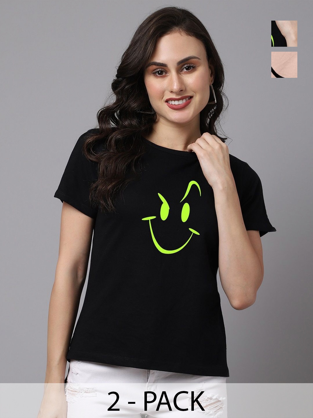 

Friskers Women Pack Of 2 Graphic Printed Round Neck Cotton T-shirts, Beige