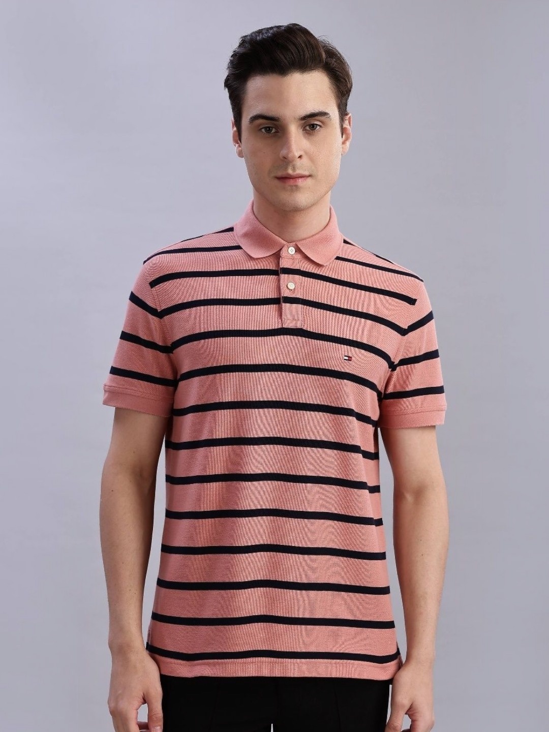 

Tommy Hilfiger Men Striped Polo Collar Cotton T-shirt, Pink