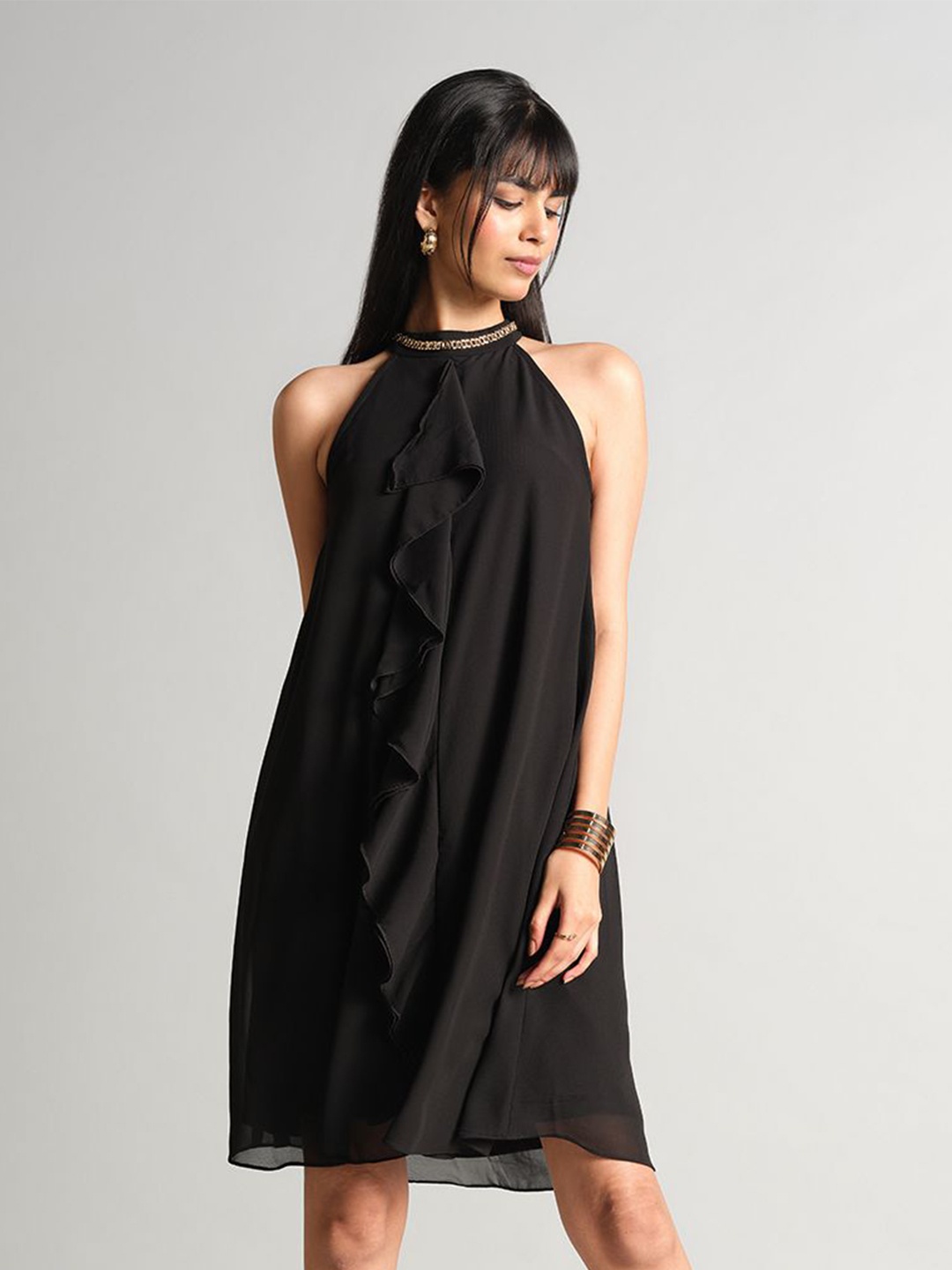

AND Women A-Line Ruffles Detail Midi Dress, Black