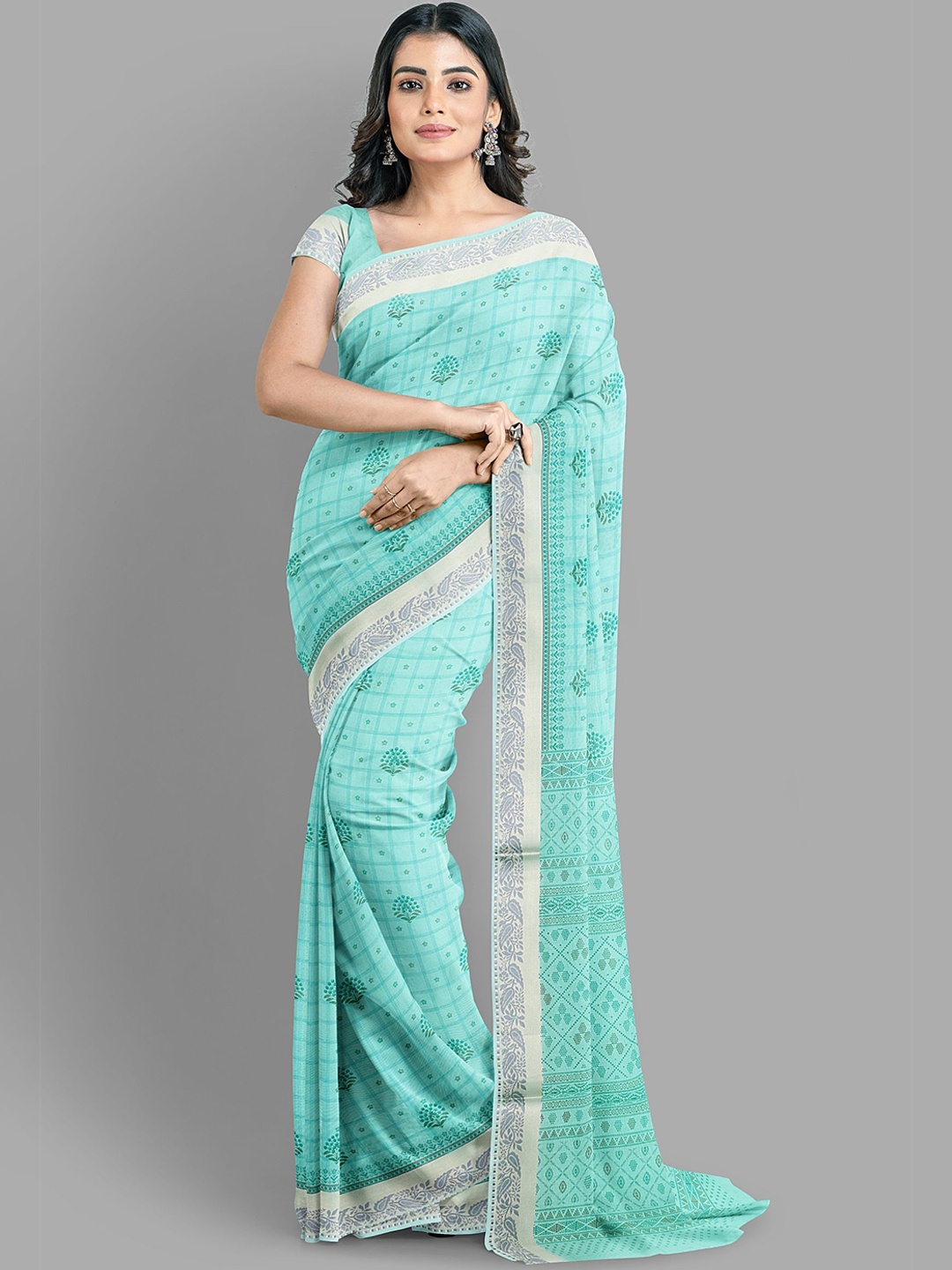 

The Chennai Silks Women Floral Printed Zari Pure Cotton Chanderi Saree, Blue
