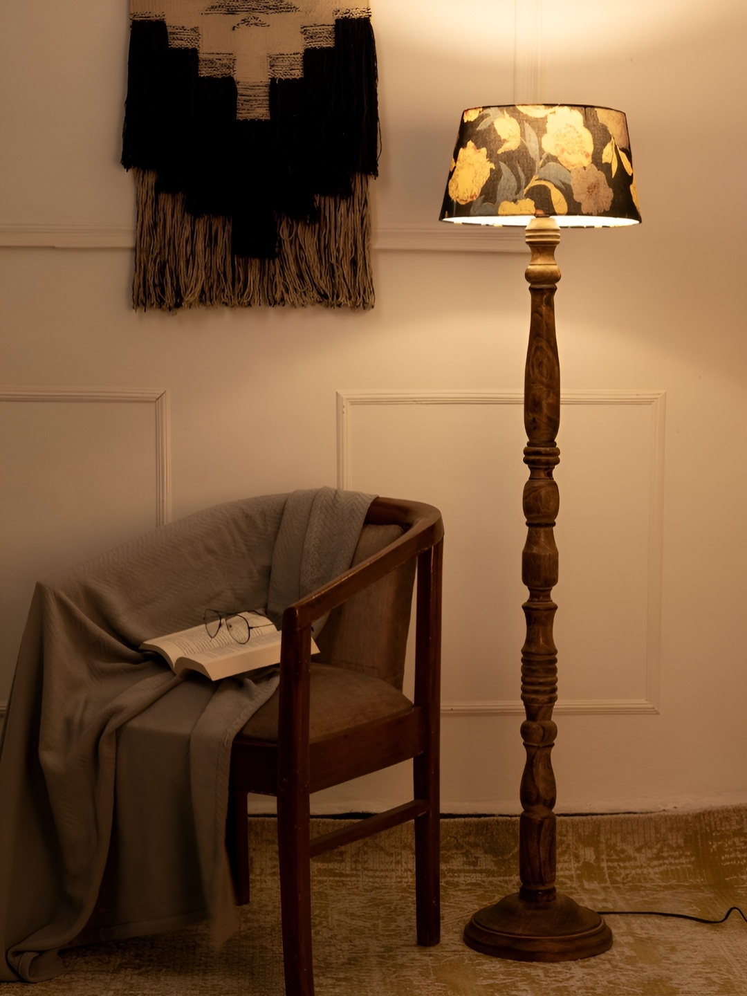 

green girgit Black & Brown Printed Wooden Frustum Shaped Floor Lamp