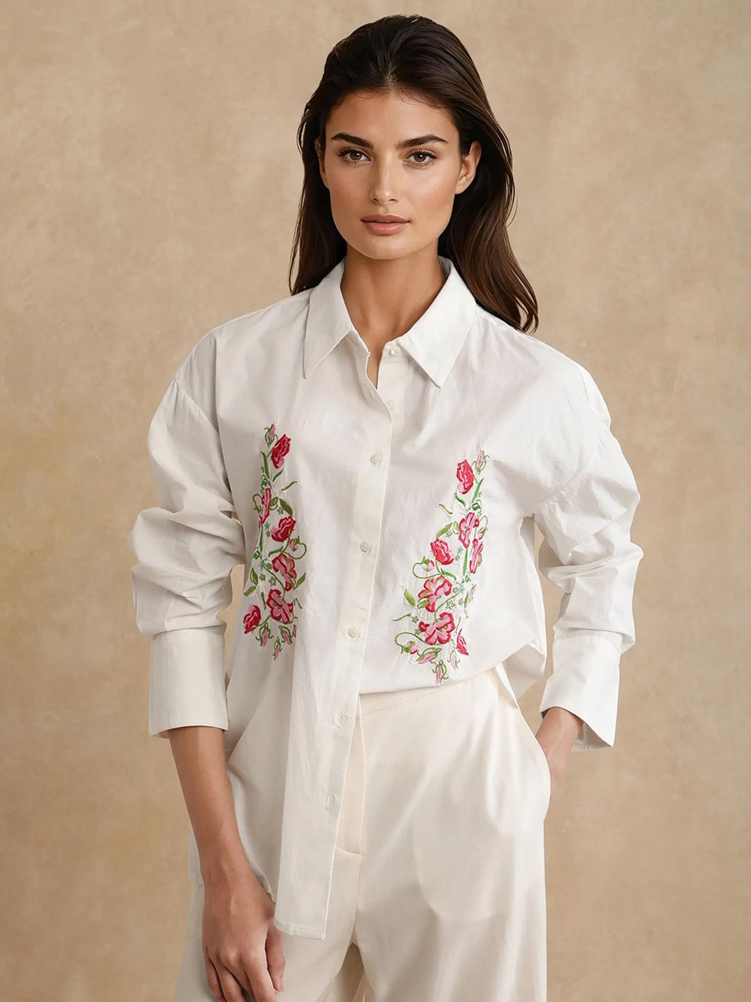 

RAREISM Women Comfort Fit Spread Collar Floral Printed Cotton Casual Shirt, White