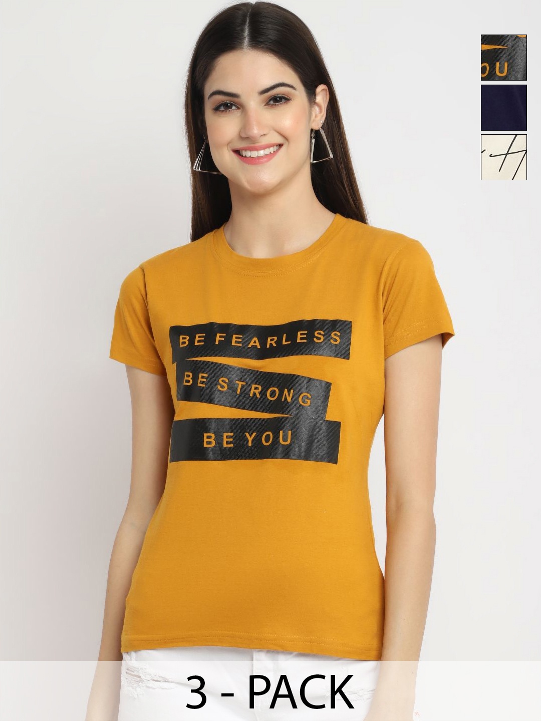 

Dreambe Pack Of 3 Typography Printed Round Neck Cotton T-shirts, Yellow