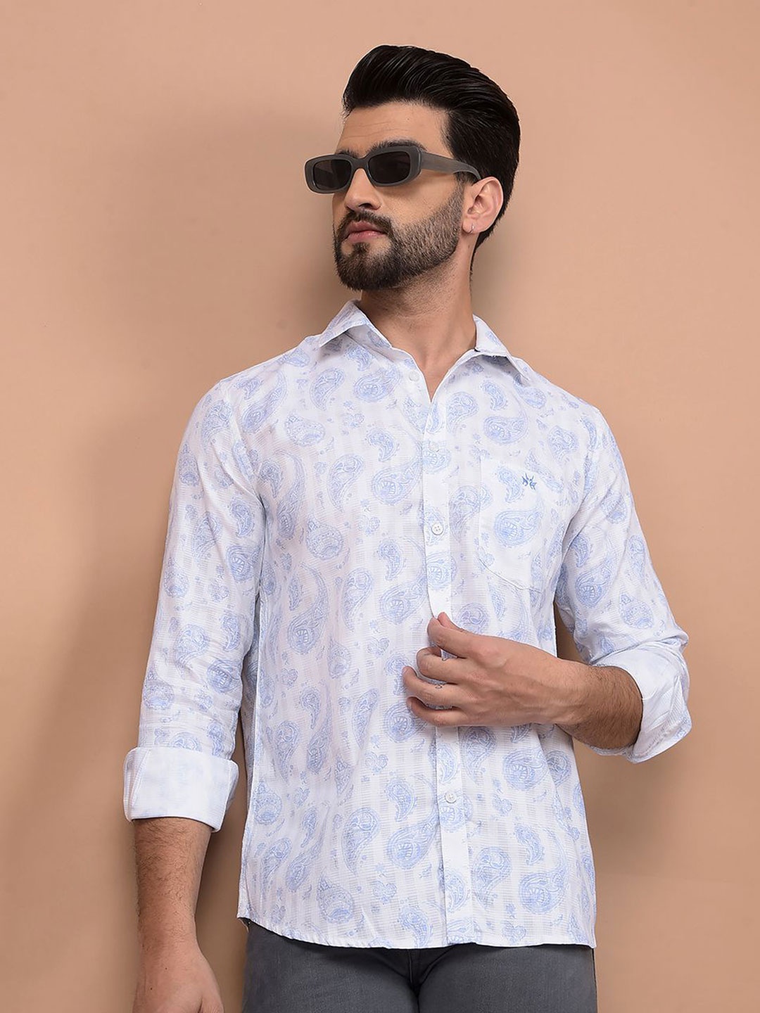 

Crimsoune Club Men Classic Slim Fit Ethnic Printed Cotton Casual Shirt, White