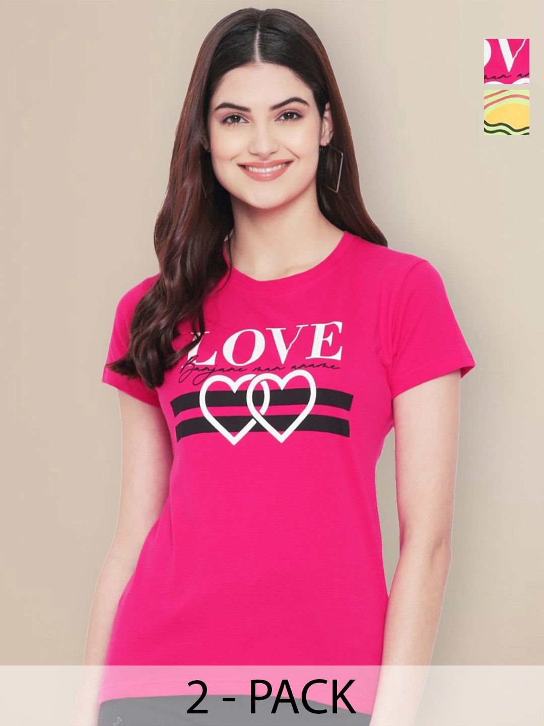 

GLOBAL NOMAD Pack Of 2 Typographic Printed Round Neck T-shirt, Pink