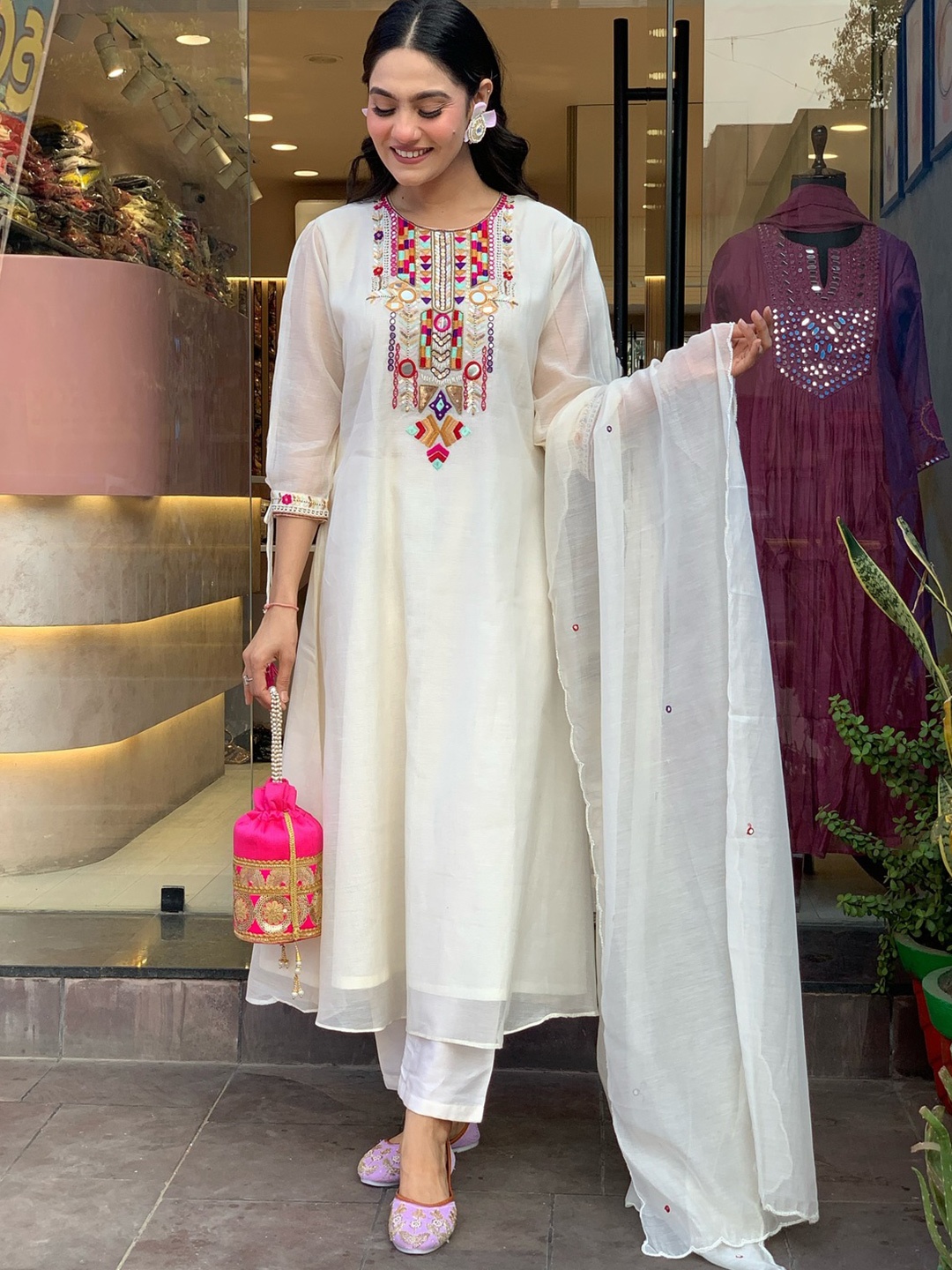 

ASCIIBLUES Geometric Embroidered Mirror Work A-Line Kurta With Trouser & Dupatta, Cream