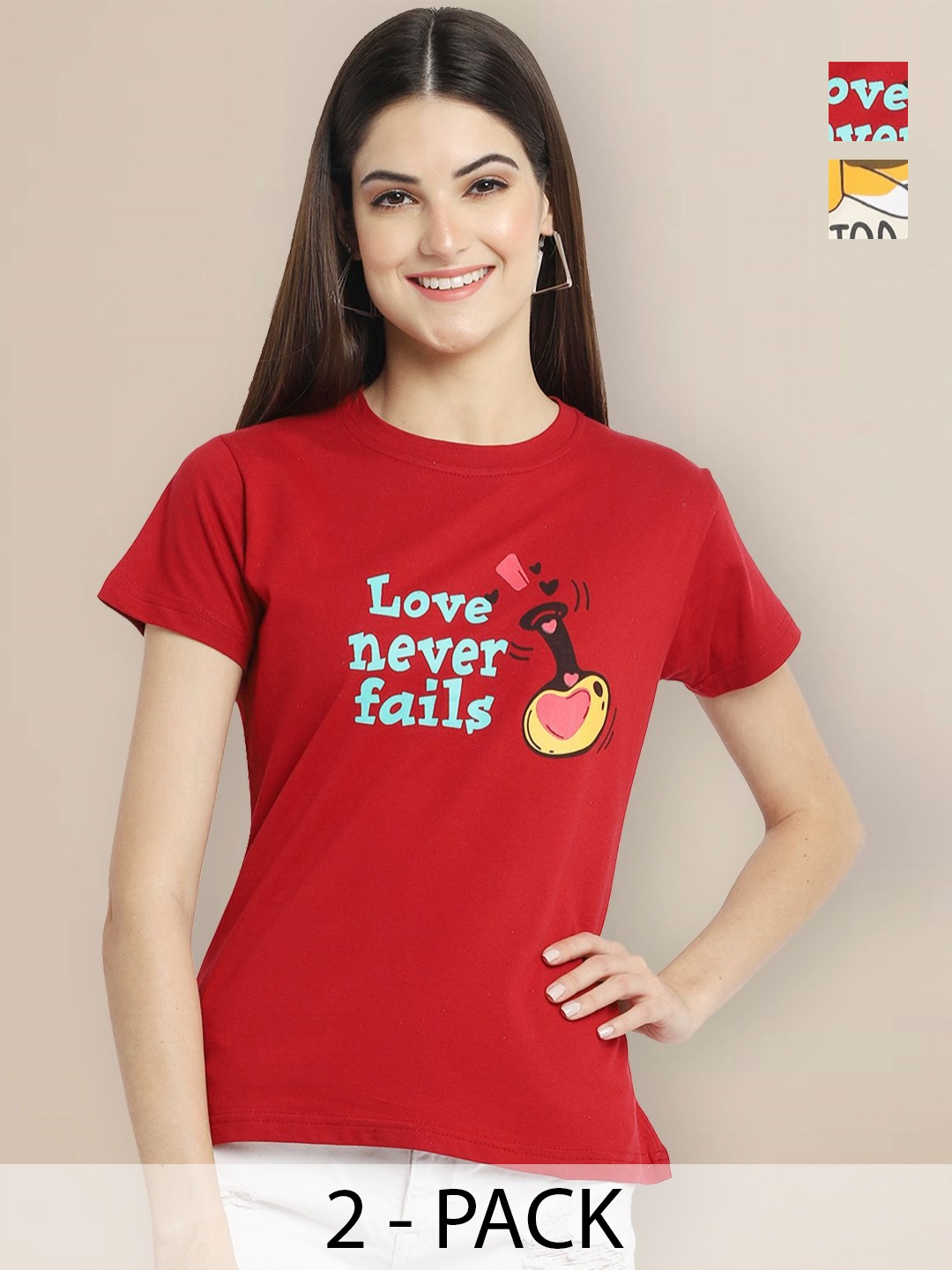 

GLOBAL NOMAD Women Pack of 2 Graphic Printed Round Neck Cotton T-shirts, Red