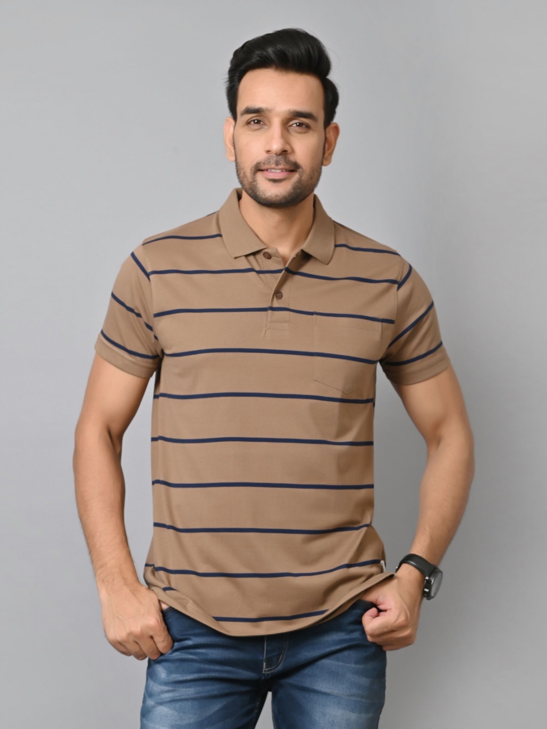 

ARBOUR Men Striped Polo Collar Cotton Slim Fit T-shirt, Brown