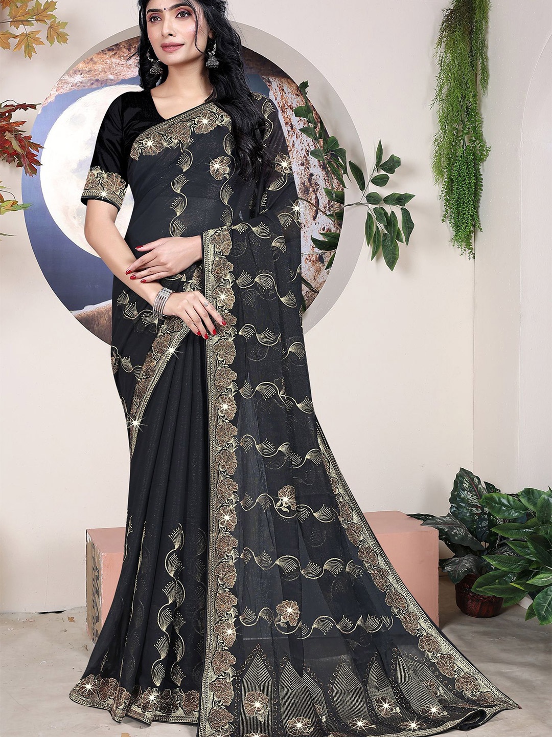 

ANJANI TEXTILE Embellished Tissue Saree, Black