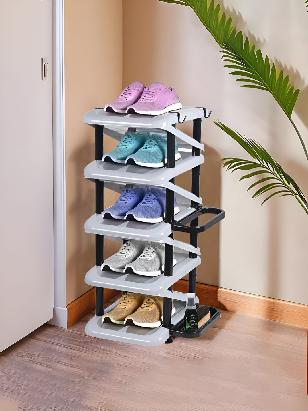 

Kuber Industries Grey Foldable 5 Tier Shoe Stand With Side Hooks