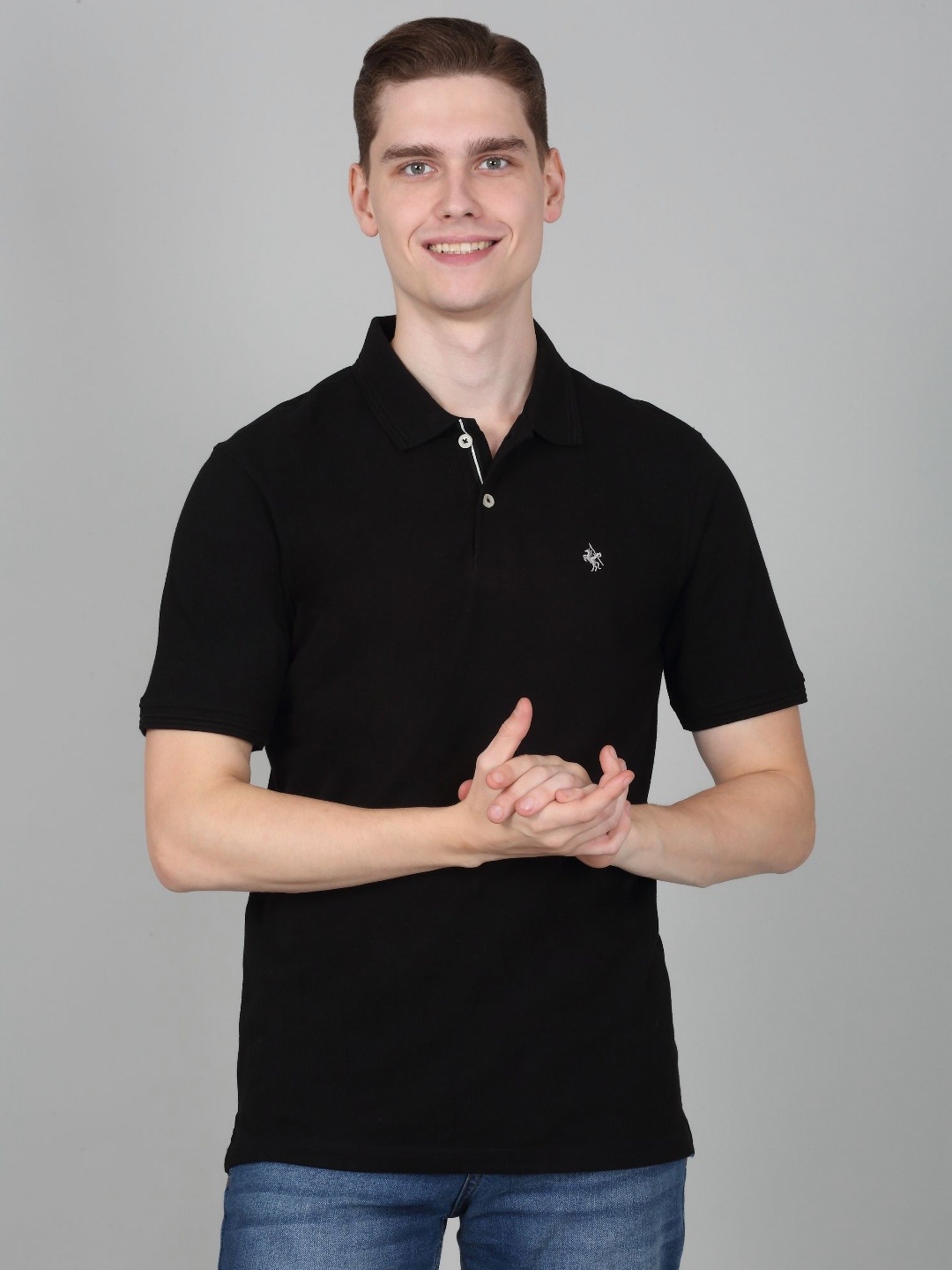 

Cantabil Men Solid Polo Collar Cotton T-shirt, Black