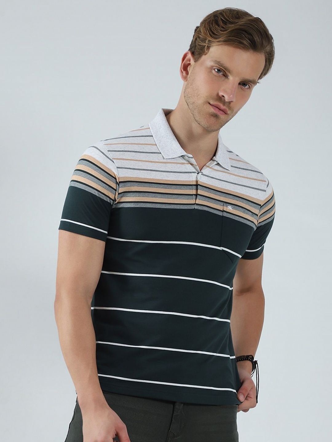 

Monte Carlo Men Striped Polo Collar Cotton Slim Fit T-shirt, Teal