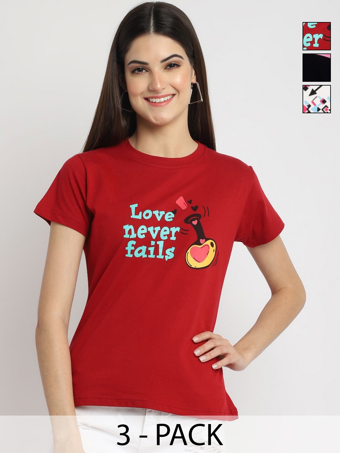 

Dreambe Women Pack of 3 Graphic Printed Round Neck Cotton T-shirts, Red