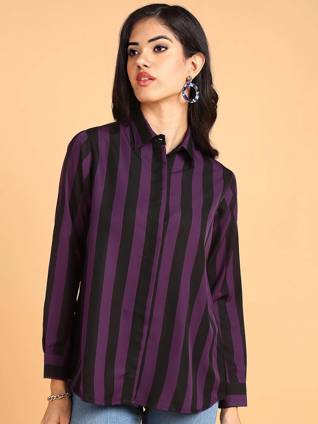 

all about you Women Relaxed Fit Spread Collar Vertical Striped Casual Shirt, Purple