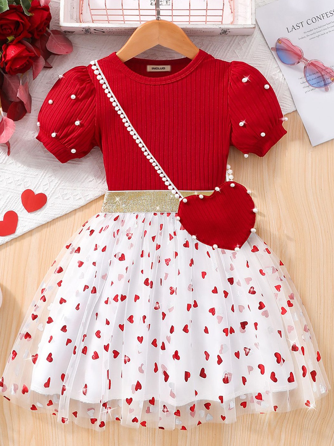 

INCLUD Girls Printed Round Neck Top With Skirt, Red