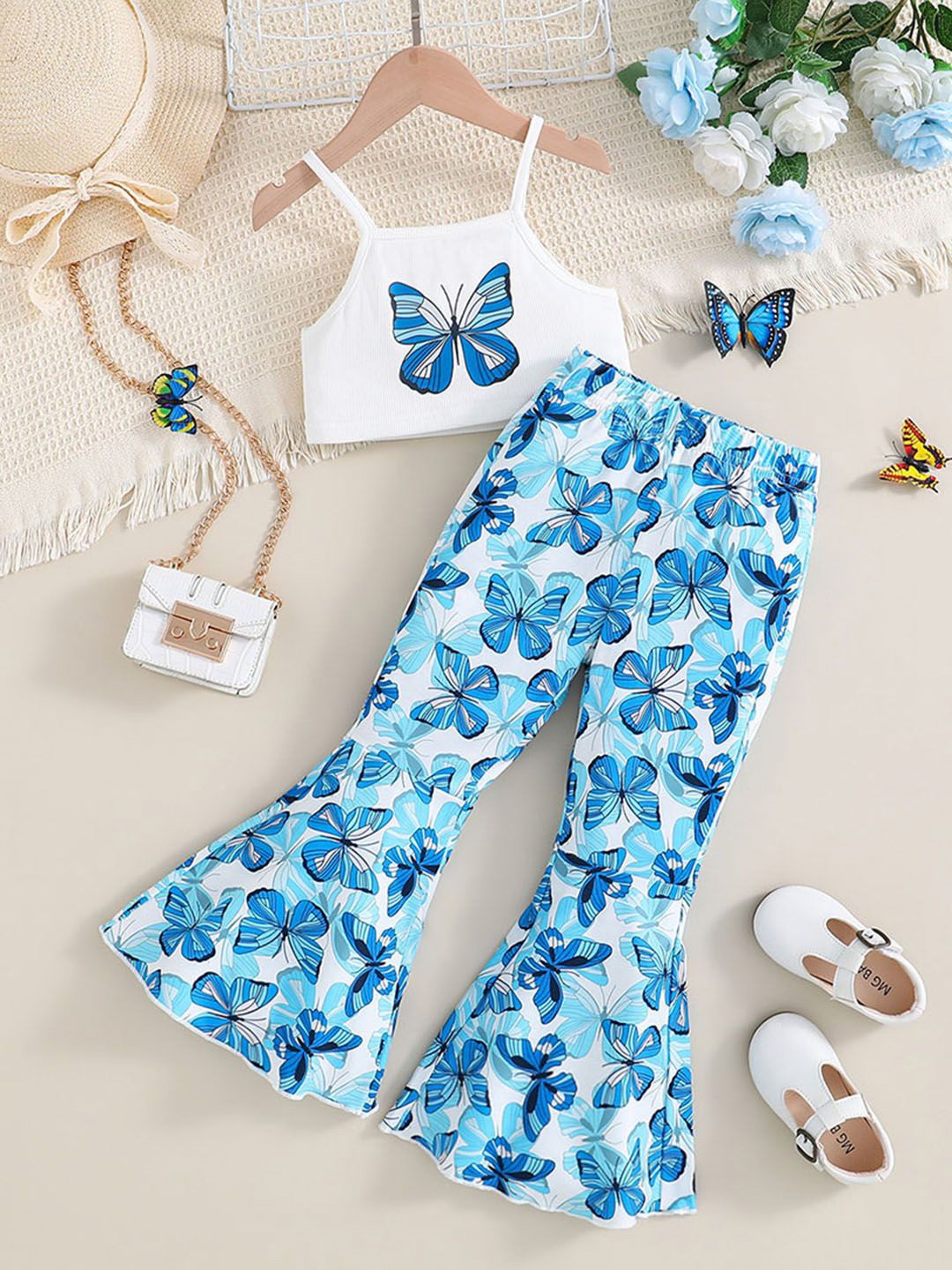 

INCLUD Girls Printed Shoulder Straps Top With Trousers, Blue