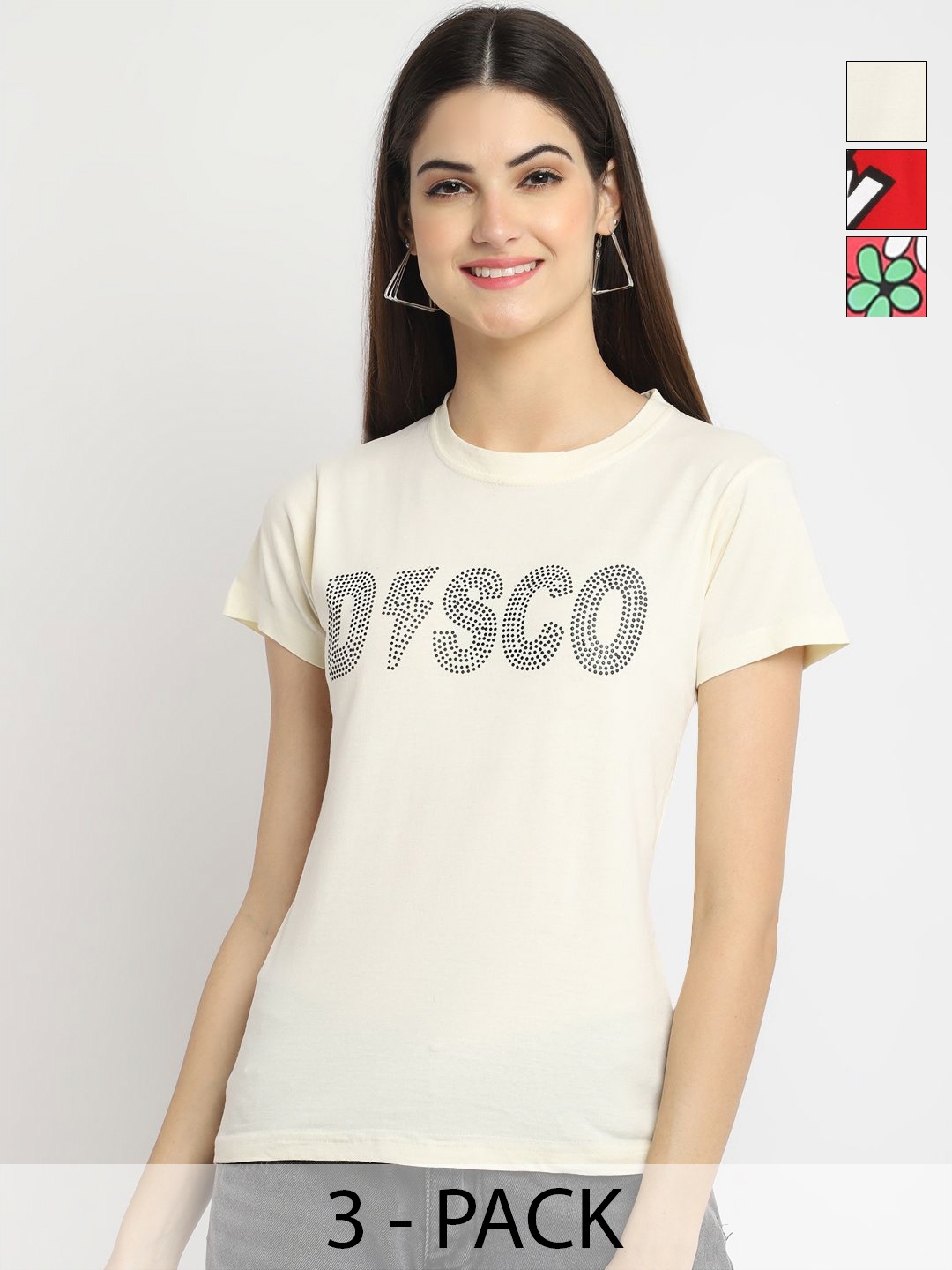 

Dreambe Women Pack of 3 Typography Printed Round Neck Cotton T-shirts, Cream