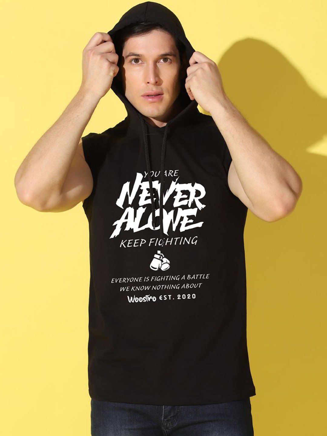 

WOOSTRO Men Printed Cotton Hooded T-Shirt, Black