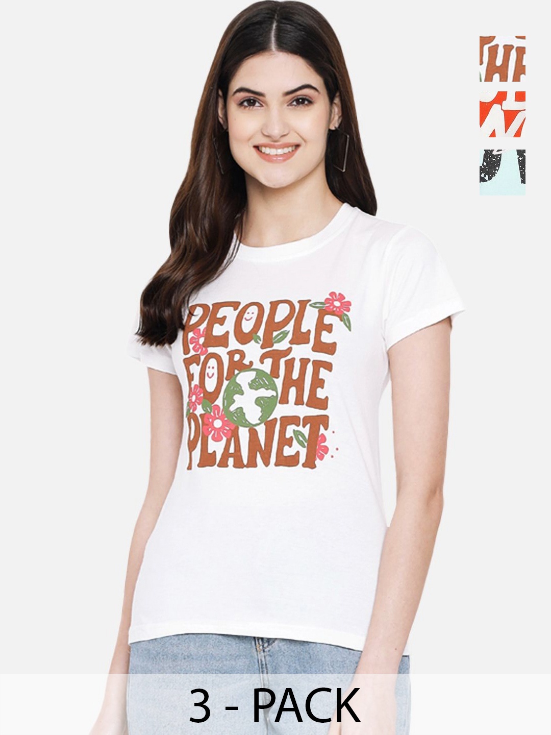 

Dreambe Women Pack of 3 Typography Printed Round Neck Cotton T-shirts, White