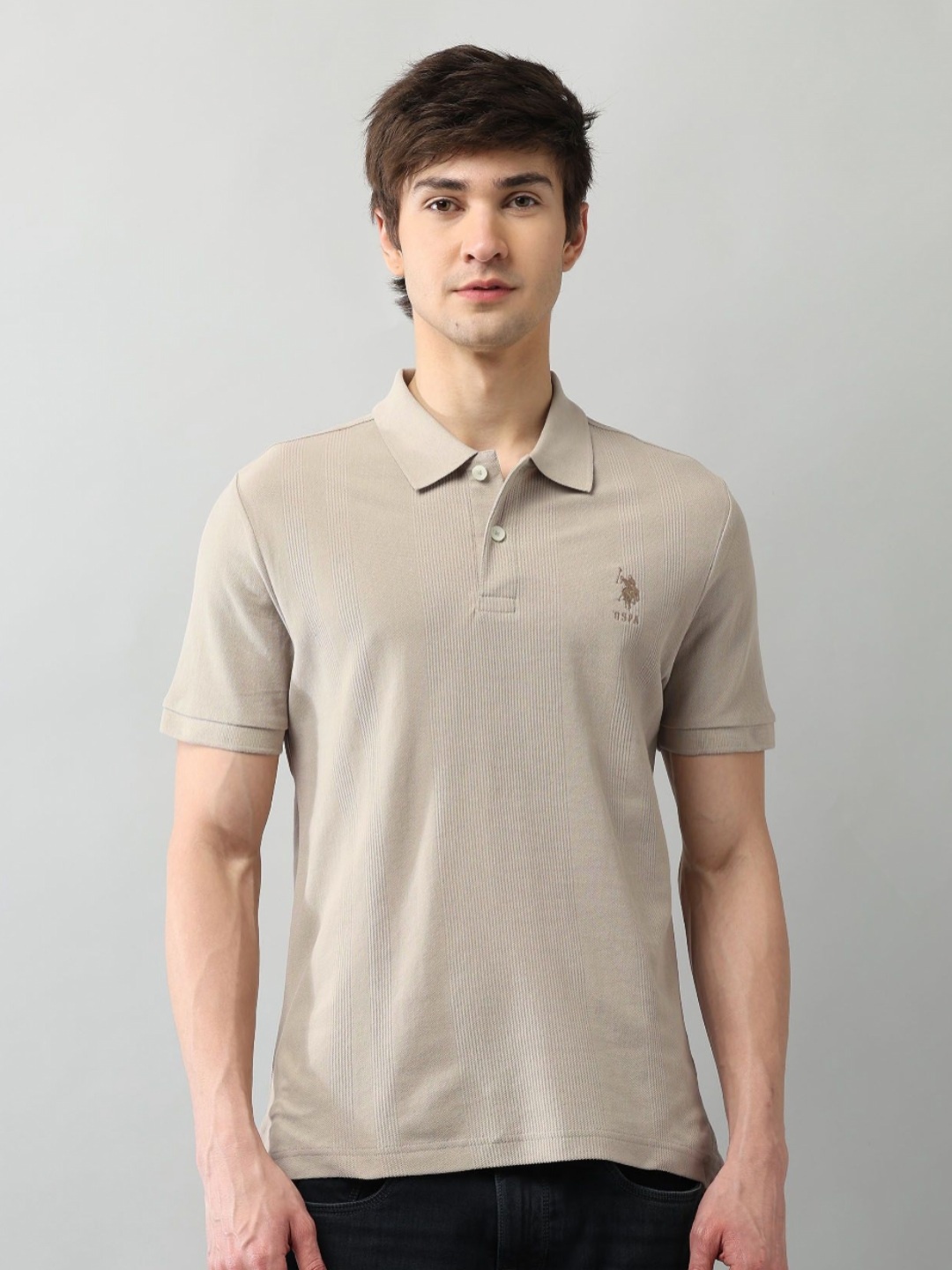 

U.S. Polo Assn. Denim Co. Men Self Design Polo Collar Cotton T-shirt, Taupe