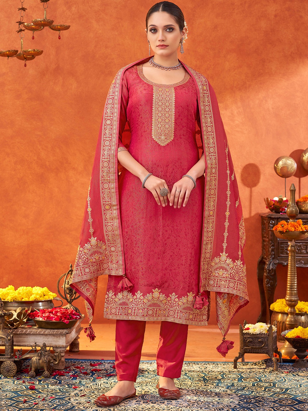 

KALINI Floral Woven Design Thread Work V-Neck Pure Silk Kurta with Trousers & Dupatta, Pink