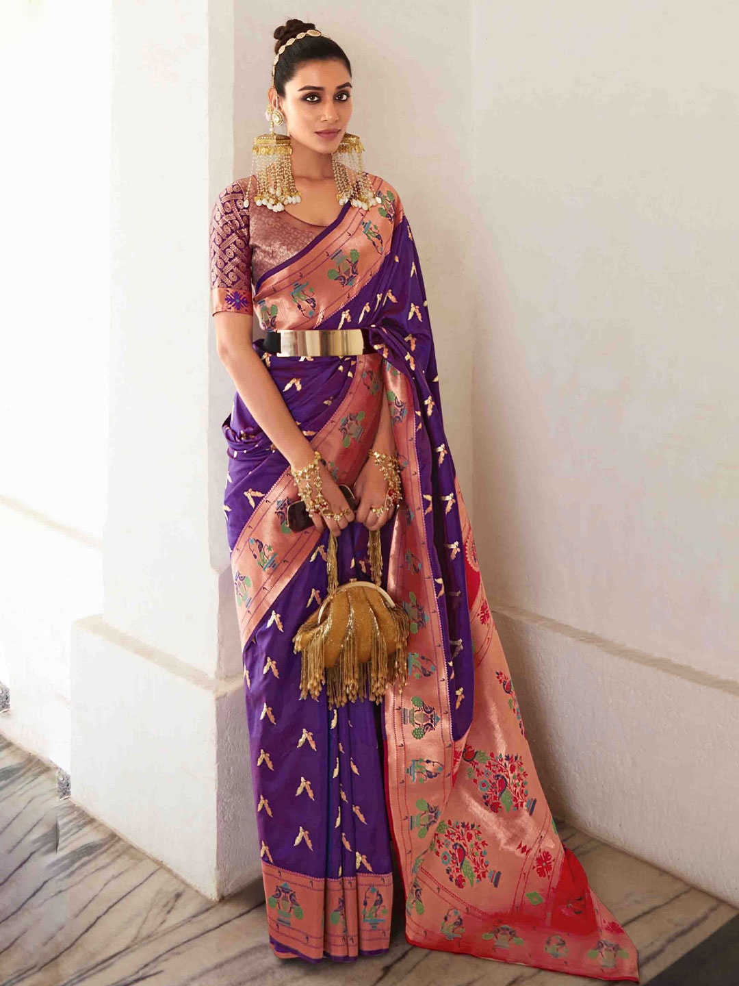 

DIVASTRI Woven Design Zari Pure Georgette Paithani Saree, Purple