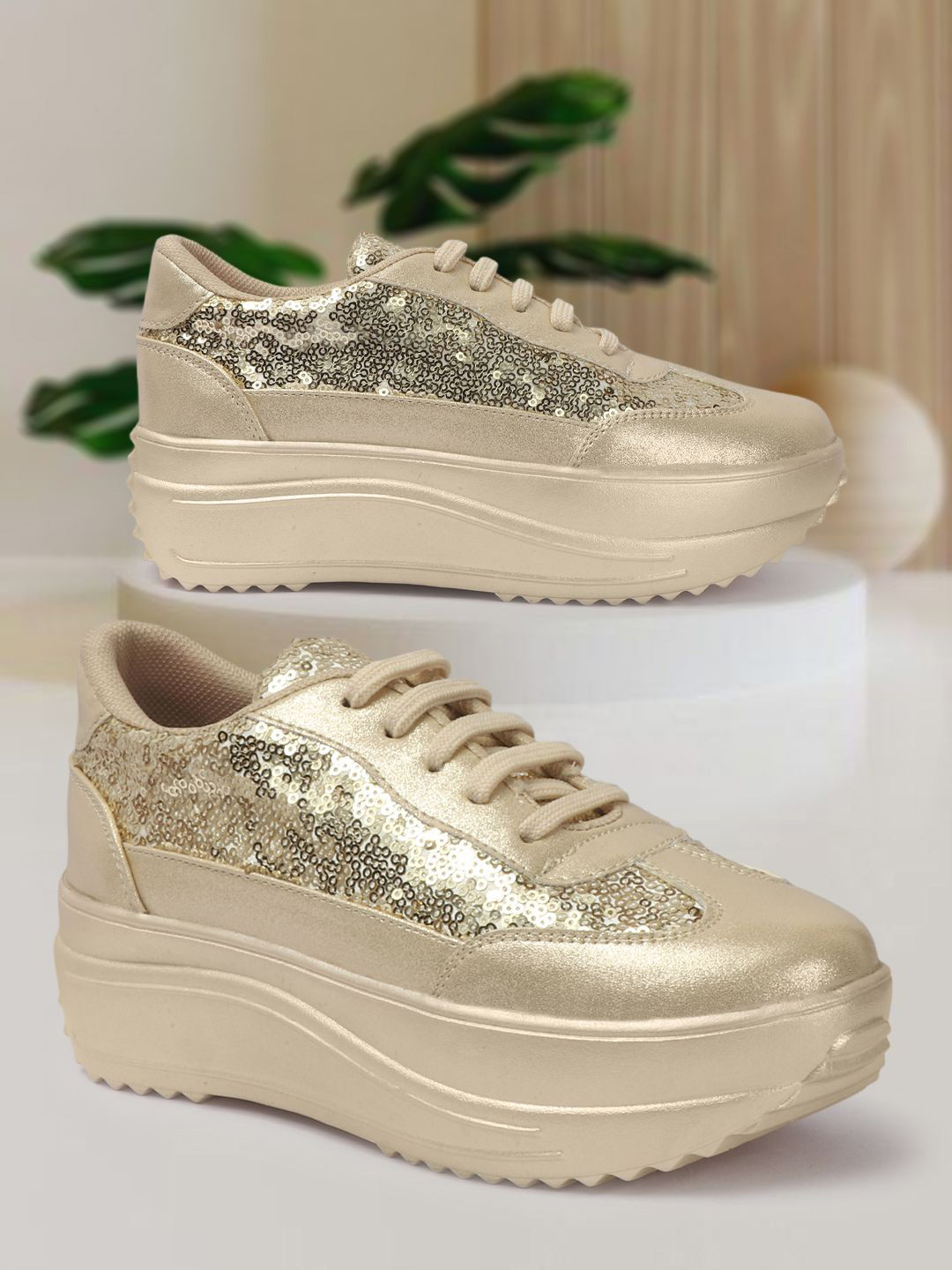 

VENDOZ Women Round Toe Lightweight Sneakers, Gold