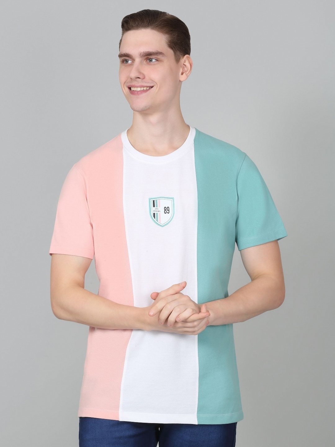 

Cantabil Men Colourblocked Round Neck Cotton T-shirt, Pink