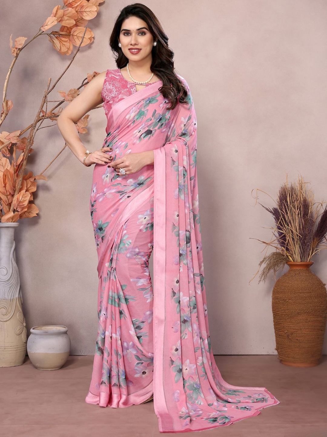 

Odette Pink Satin Printed Saree With Unstitched Blouse For Women