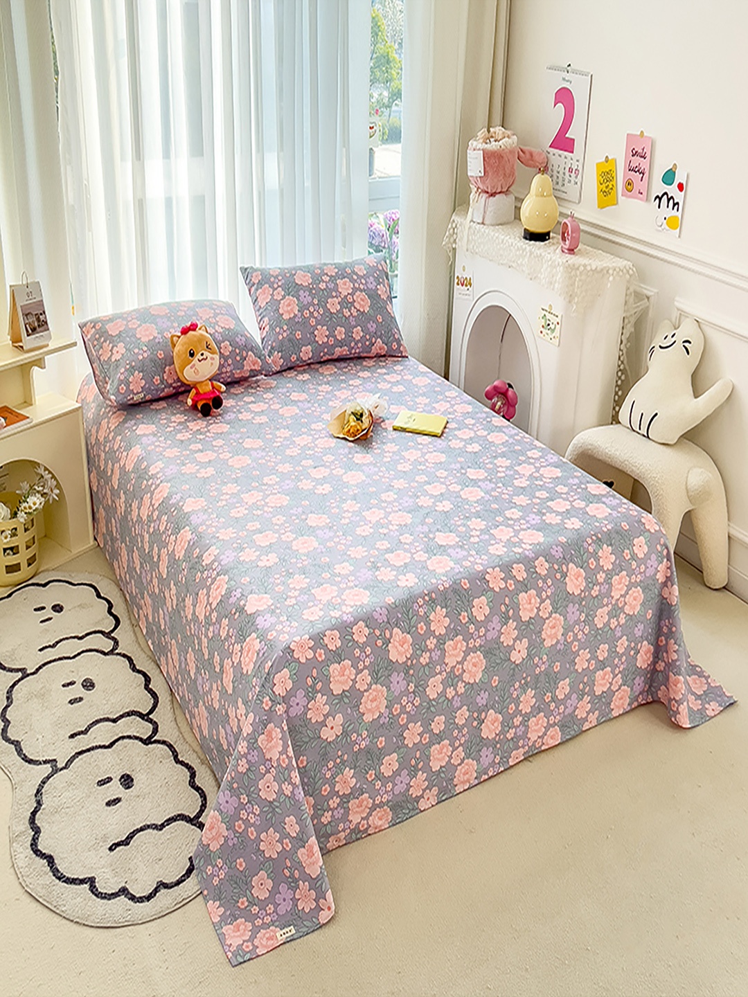 

JC HOME Grey Melange & Orange Floral 140 TC King Bedsheet with 2 Pillow Covers