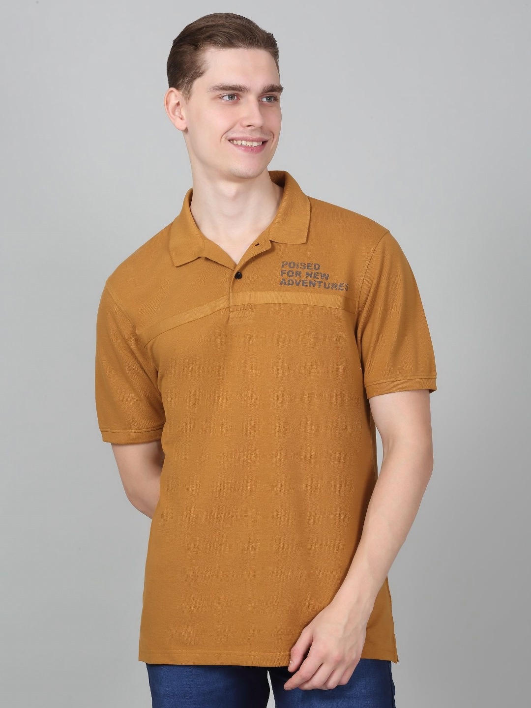 

Cantabil Men Solid Polo Collar Cotton T-shirt, Mustard